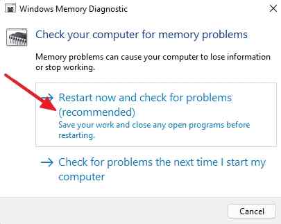 start windows memory diagnostic test