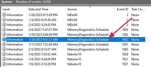locate memory diagnostic event results