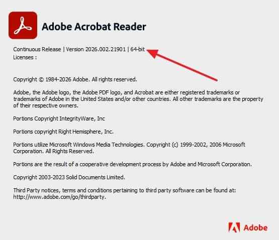 adobe acrobat version details displayed