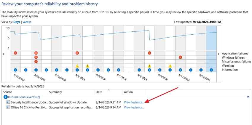 review windows reliability crash history