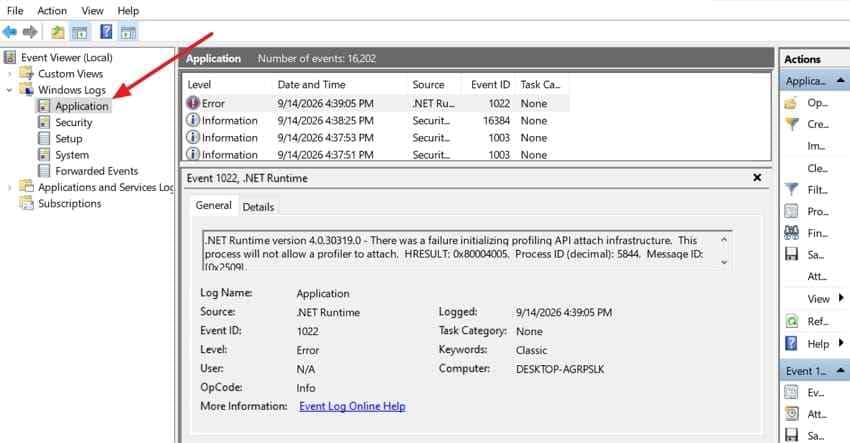 find application errors event viewer