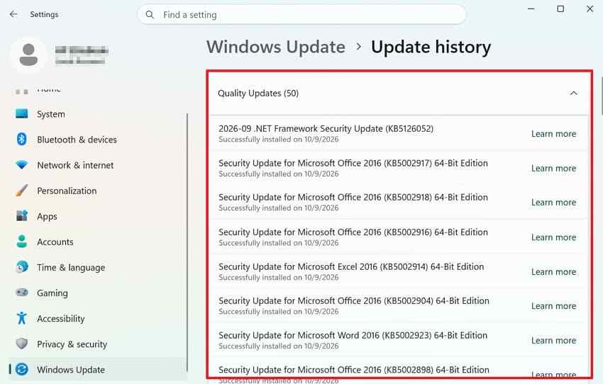 review recent windows update history