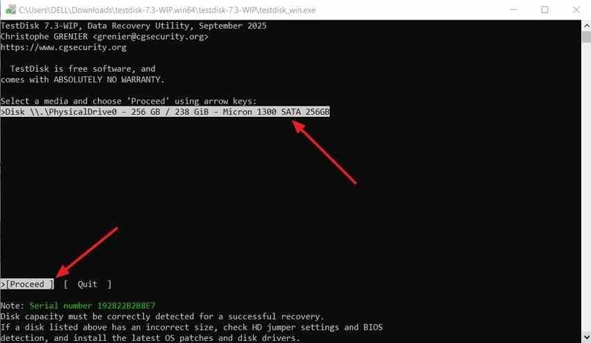testdisk physical disk selection with capacity confirmation