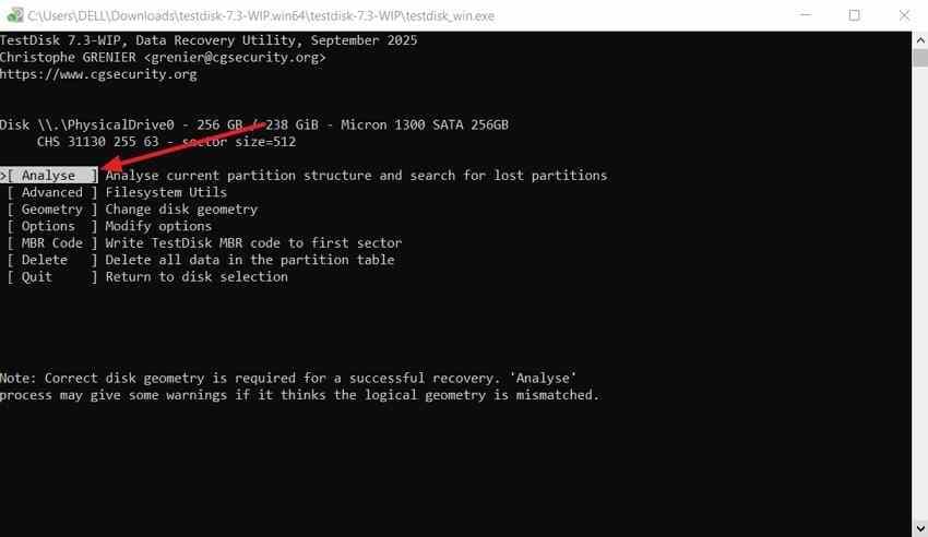 testdisk analyse menu for an existing partition layout