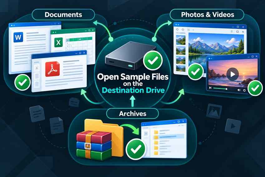 verification of recovered documents media and archives on another drive