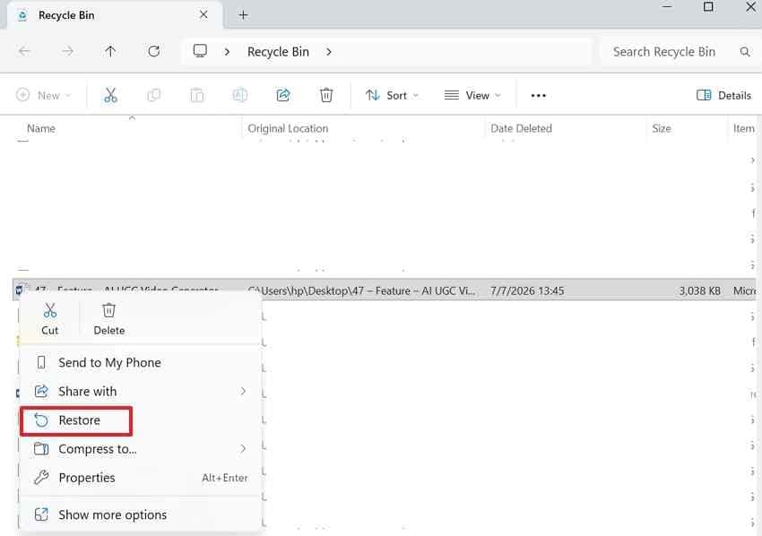 restore option in the windows recycle bin