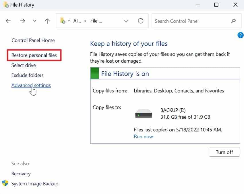 file history restore personal files option in control panel
