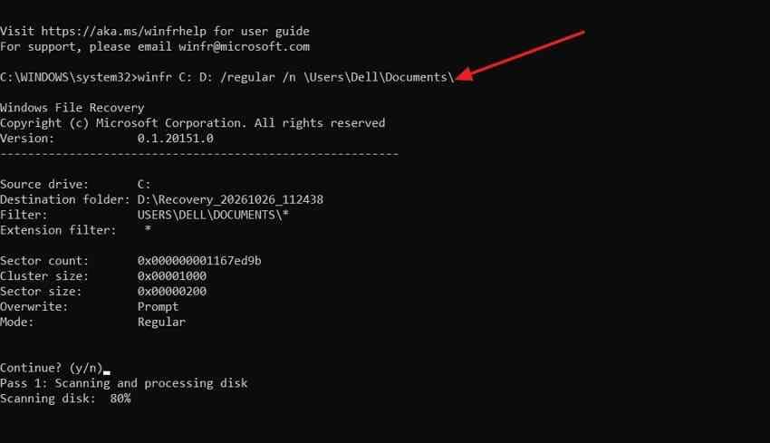 windows file recovery regular mode command and scanning progress