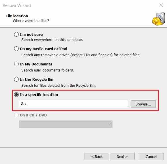 recuva wizard specifying the location of deleted files