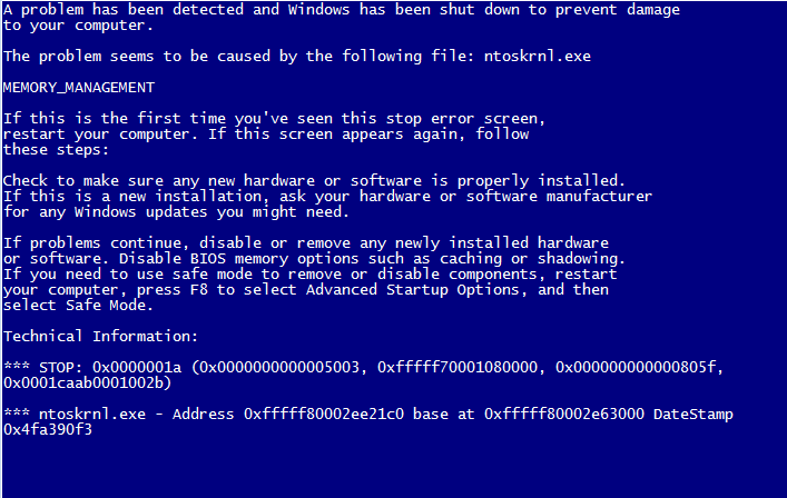 bsod causato dall'errore ntoskrnl.exe