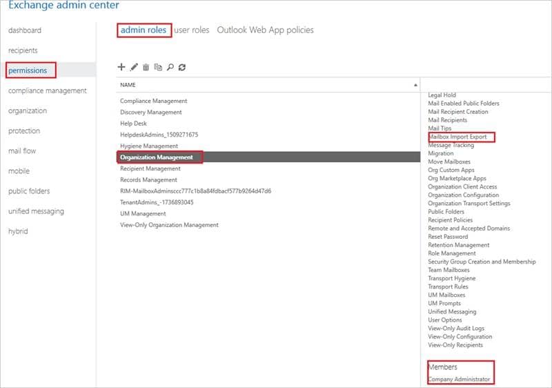 office 365 mailbox import export role