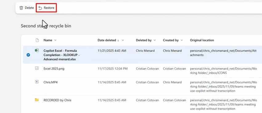 select work files for restoration