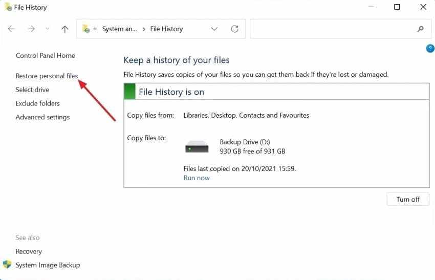 open windows file history recovery