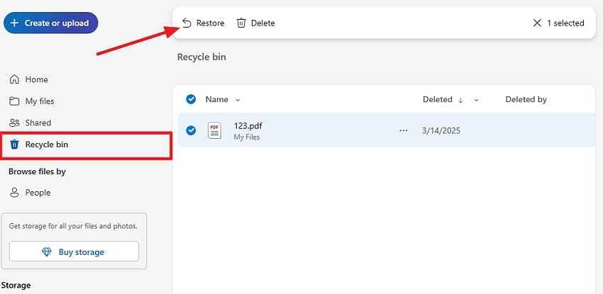 restore files from onedrive recycle bin