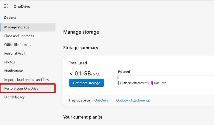 open restore your onedrive settings