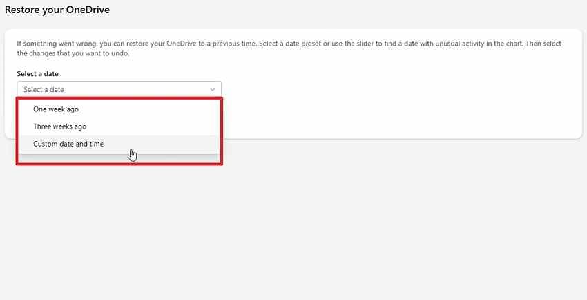 choose earlier onedrive restore date