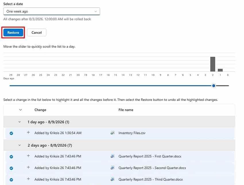 review activity before onedrive restore