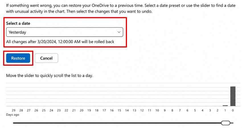 choose an earlier onedrive restore point