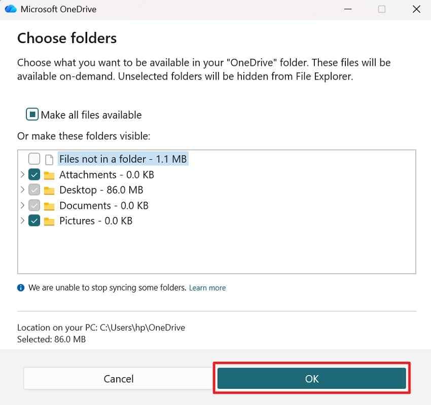 choose which onedrive folders appear on a pc