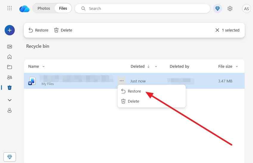 restore files from the onedrive recycle bin