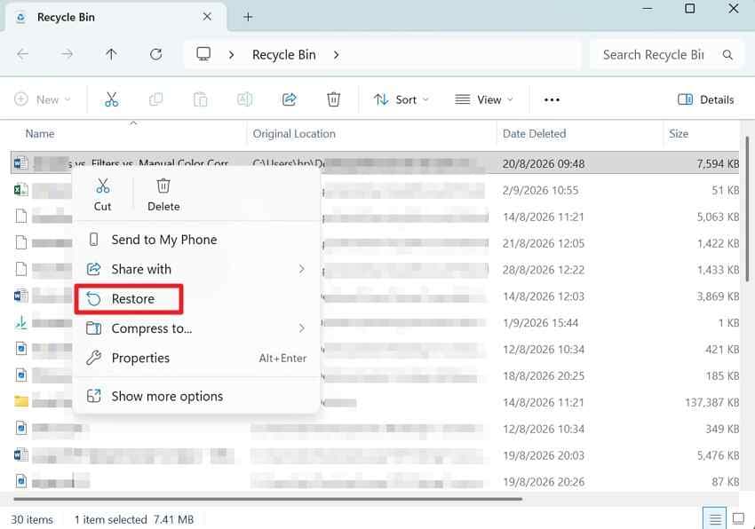 restore a local onedrive file from windows recycle bin