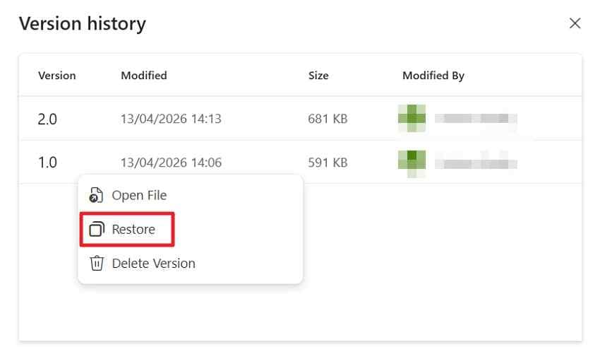 restore a previous onedrive file version