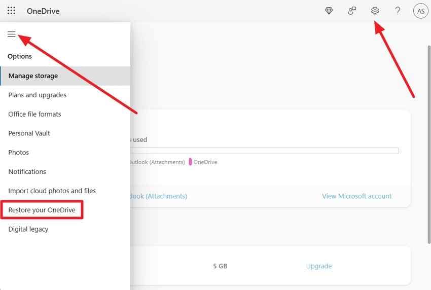 open restore your onedrive settings