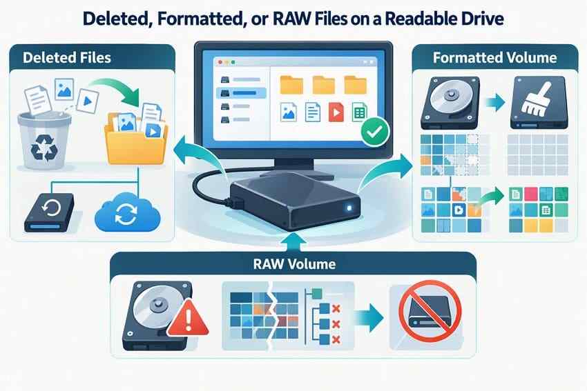 deleted formatted and raw hard drive recovery scenarios