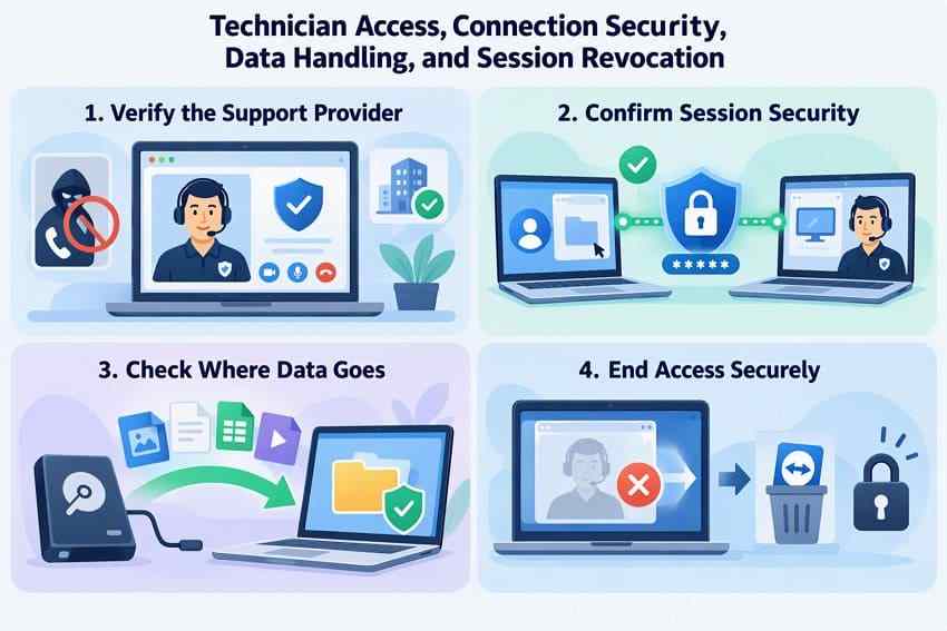 check remote technician identity permissions data handling and session access