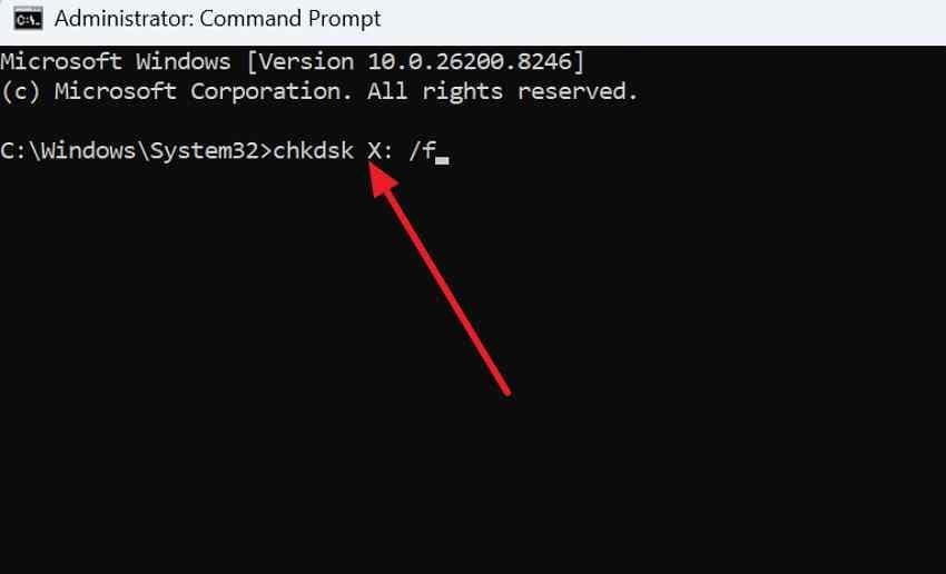 windows administrator command prompt showing chkdsk x colon slash f