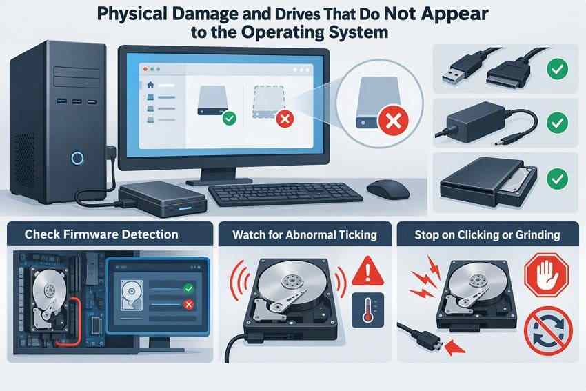 physical hard drive damage no detection clicking and cable checks