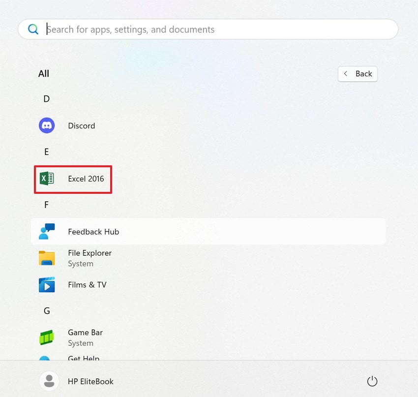 choose excel in start menu