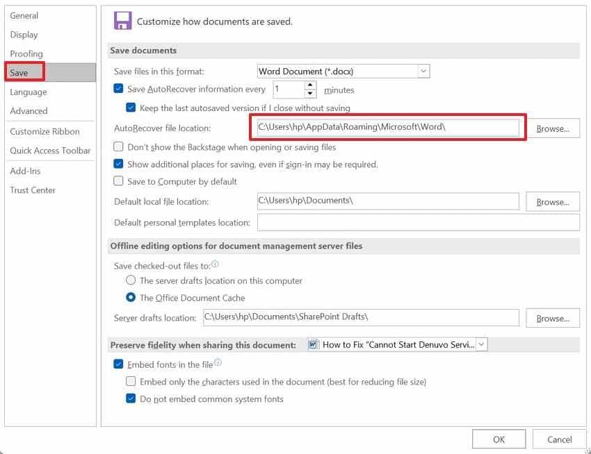 copy word autorecover path 
