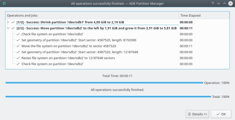 operation finishing in kde partition manager