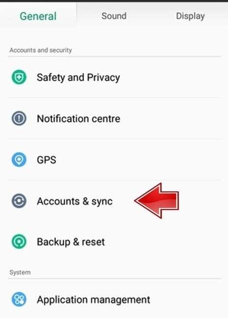 clicking on accounts and sync