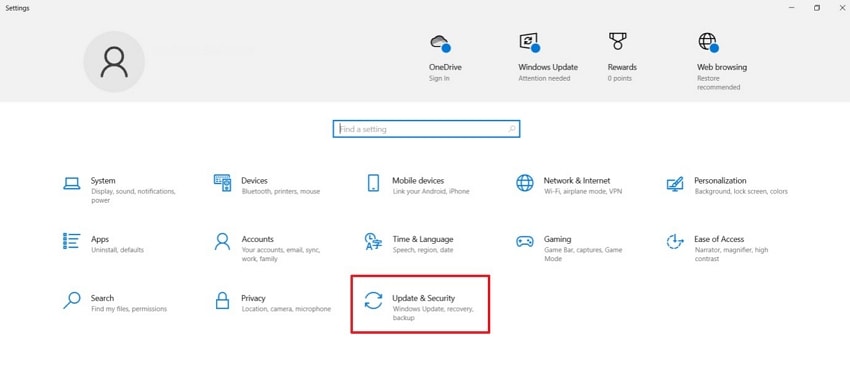 select update and security option