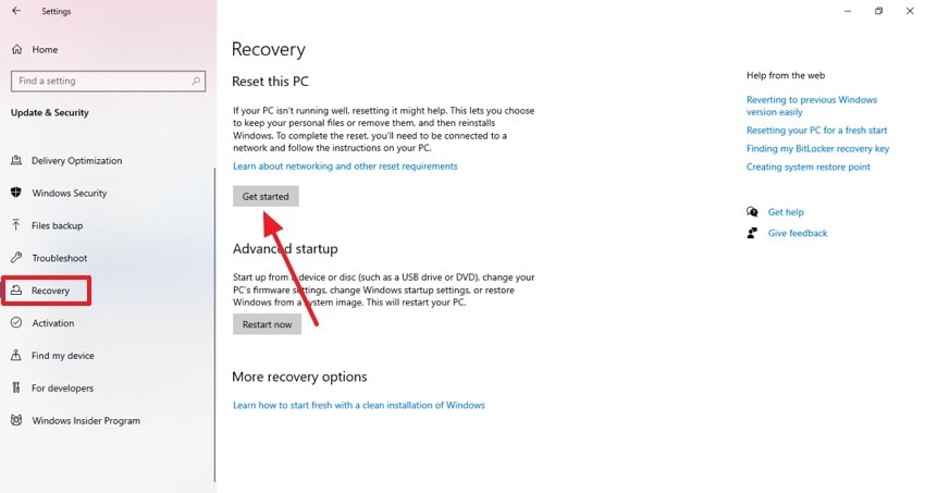 reset your pc by clicking get started