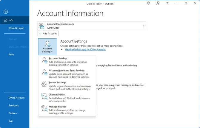 account for importing email into outlook