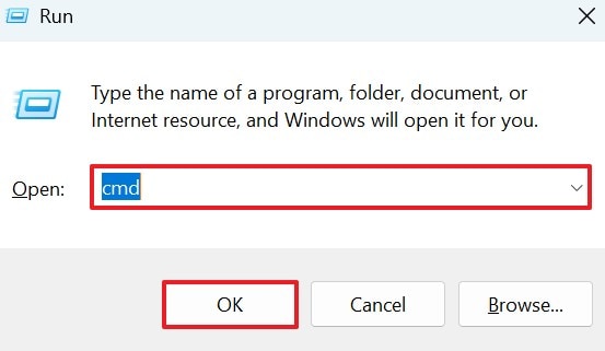 use run window to give cmd command