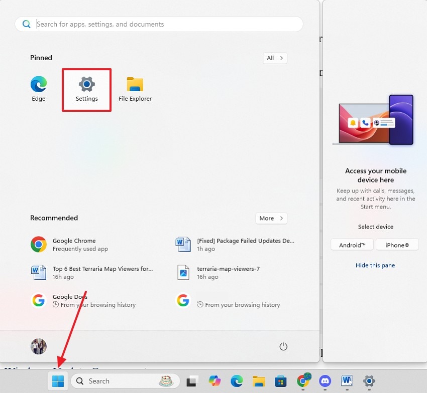 enter start menu to open settings