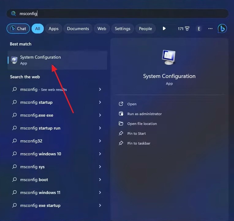 enter system configuration from start menu