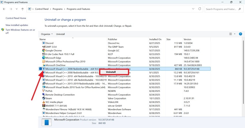 uninstall microsoft visual redistributable