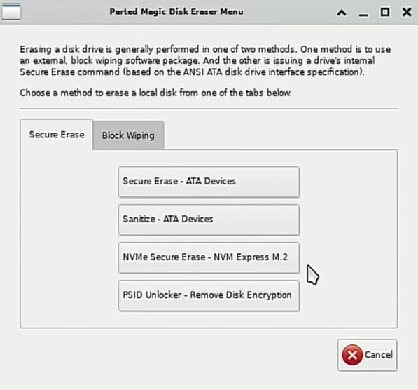 select a parted magic secure erase method