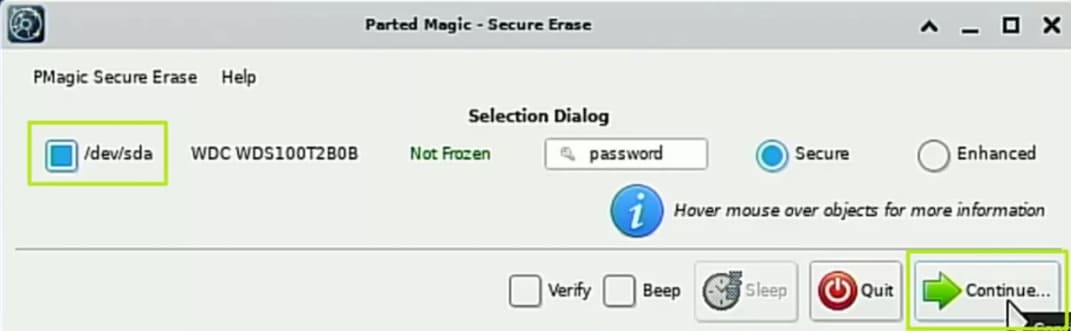select drive to erase via parted magic