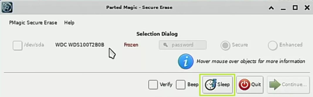 unfreeze the ssd in parted magic secure erase