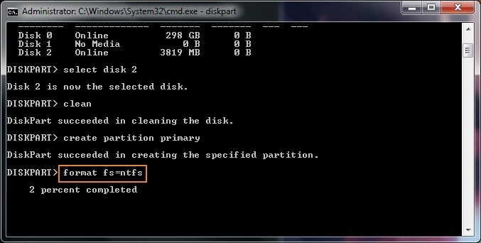 specifying the format of the new partition using diskpart in the command prompt