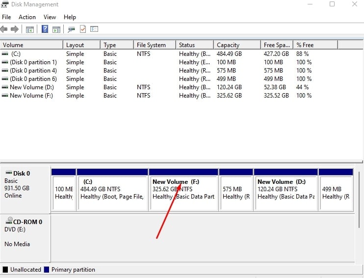 newly created partition in disk management