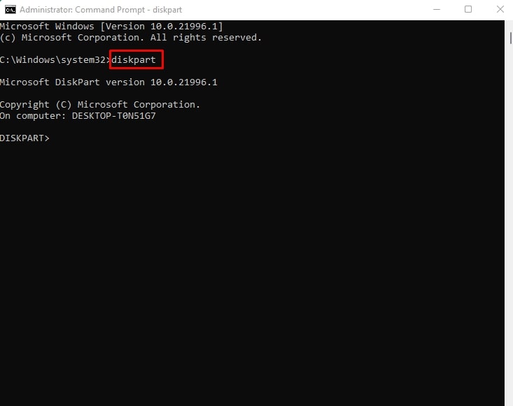 enter diskpart in the command prompt