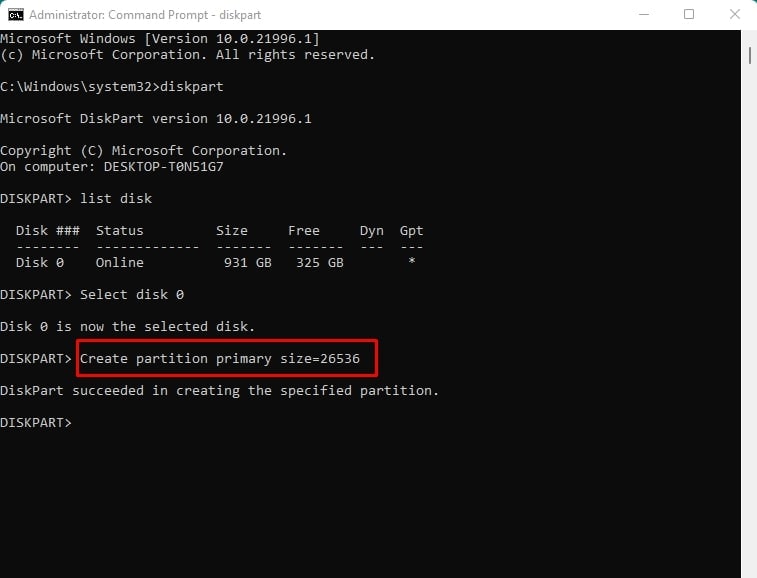 create partition primary size=partitionsize command