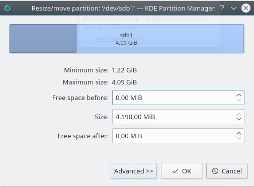 cursore di partizione in kde partition manager